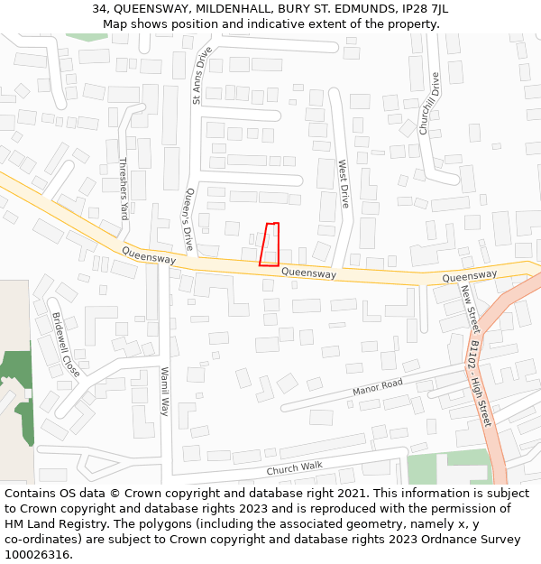 34, QUEENSWAY, MILDENHALL, BURY ST. EDMUNDS, IP28 7JL: Location map and indicative extent of plot