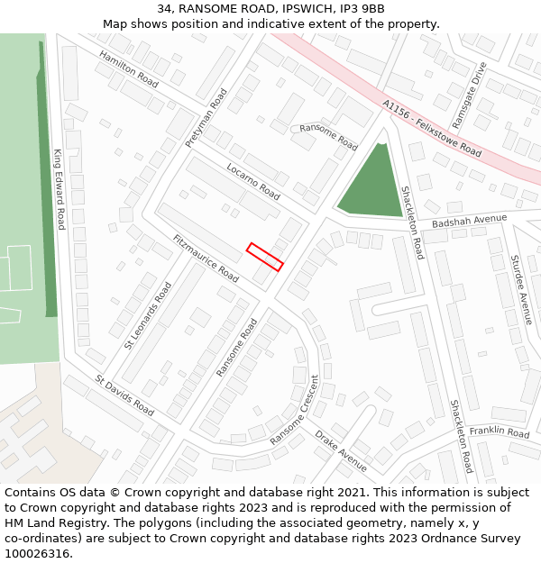 34, RANSOME ROAD, IPSWICH, IP3 9BB: Location map and indicative extent of plot