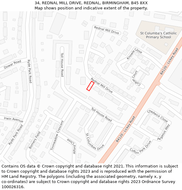 34, REDNAL MILL DRIVE, REDNAL, BIRMINGHAM, B45 8XX: Location map and indicative extent of plot