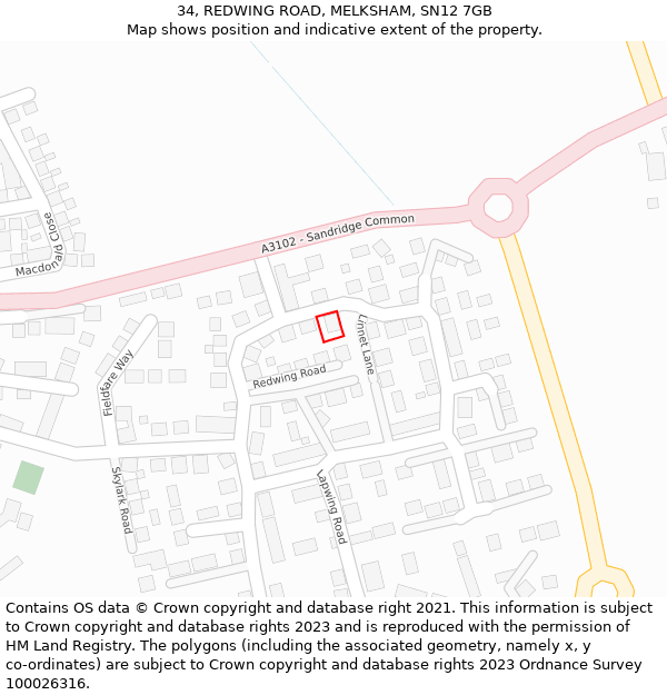 34, REDWING ROAD, MELKSHAM, SN12 7GB: Location map and indicative extent of plot