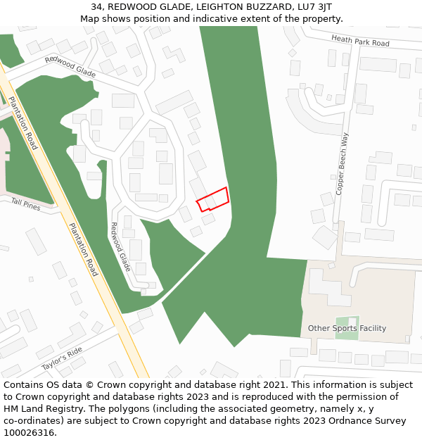 34, REDWOOD GLADE, LEIGHTON BUZZARD, LU7 3JT: Location map and indicative extent of plot