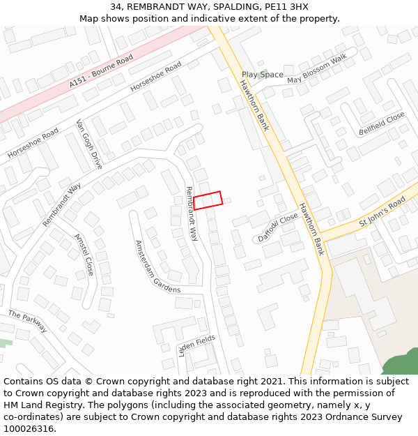 34, REMBRANDT WAY, SPALDING, PE11 3HX: Location map and indicative extent of plot