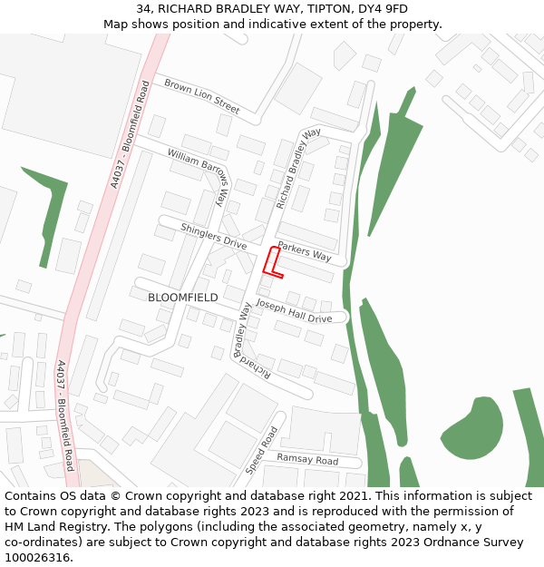 34, RICHARD BRADLEY WAY, TIPTON, DY4 9FD: Location map and indicative extent of plot