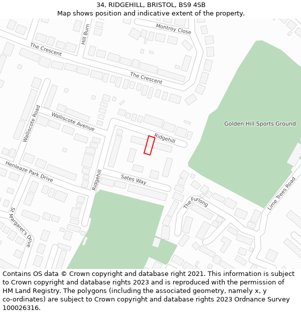 34, RIDGEHILL, BRISTOL, BS9 4SB: Location map and indicative extent of plot