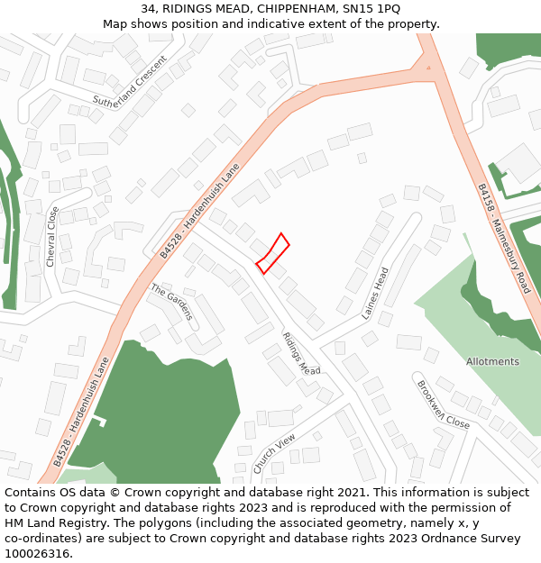 34, RIDINGS MEAD, CHIPPENHAM, SN15 1PQ: Location map and indicative extent of plot