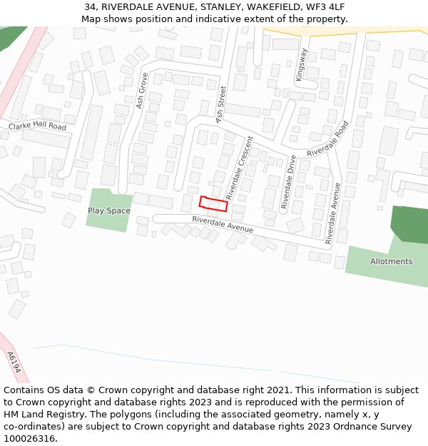 34, RIVERDALE AVENUE, STANLEY, WAKEFIELD, WF3 4LF: Location map and indicative extent of plot