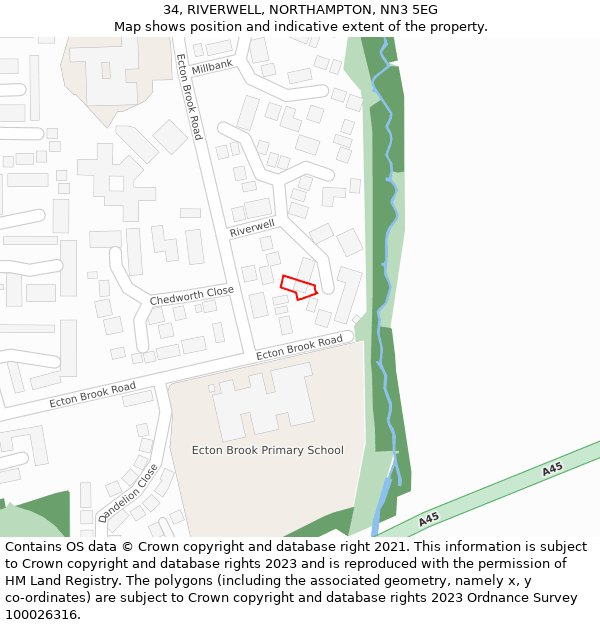 34, RIVERWELL, NORTHAMPTON, NN3 5EG: Location map and indicative extent of plot