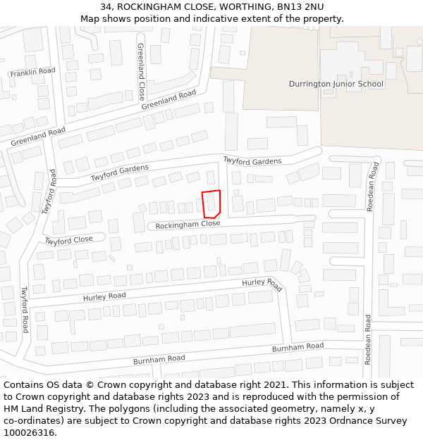 34, ROCKINGHAM CLOSE, WORTHING, BN13 2NU: Location map and indicative extent of plot