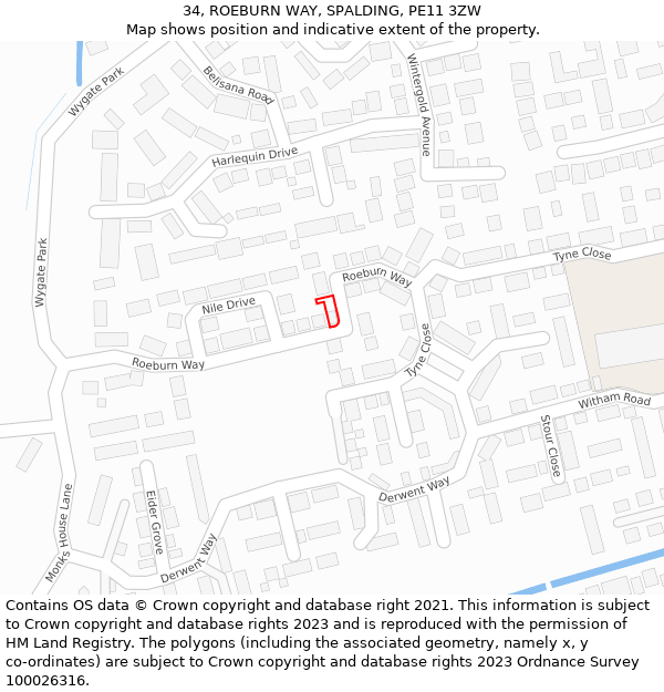 34, ROEBURN WAY, SPALDING, PE11 3ZW: Location map and indicative extent of plot