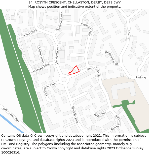 34, ROSYTH CRESCENT, CHELLASTON, DERBY, DE73 5WY: Location map and indicative extent of plot