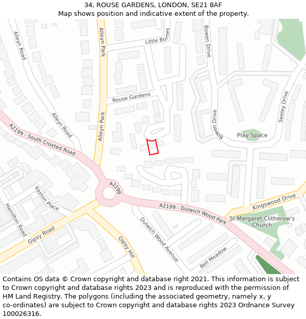 34, ROUSE GARDENS, LONDON, SE21 8AF: Location map and indicative extent of plot