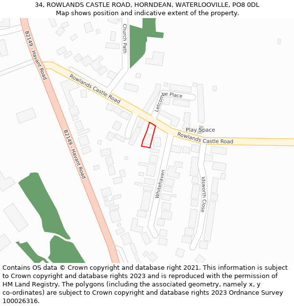34, ROWLANDS CASTLE ROAD, HORNDEAN, WATERLOOVILLE, PO8 0DL: Location map and indicative extent of plot