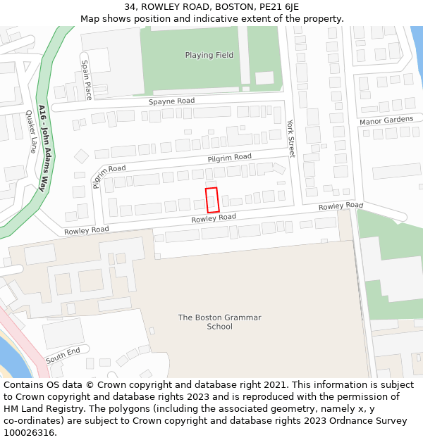 34, ROWLEY ROAD, BOSTON, PE21 6JE: Location map and indicative extent of plot