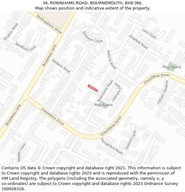 34, ROWNHAMS ROAD, BOURNEMOUTH, BH8 0NL: Location map and indicative extent of plot