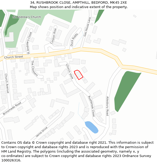 34, RUSHBROOK CLOSE, AMPTHILL, BEDFORD, MK45 2XE: Location map and indicative extent of plot