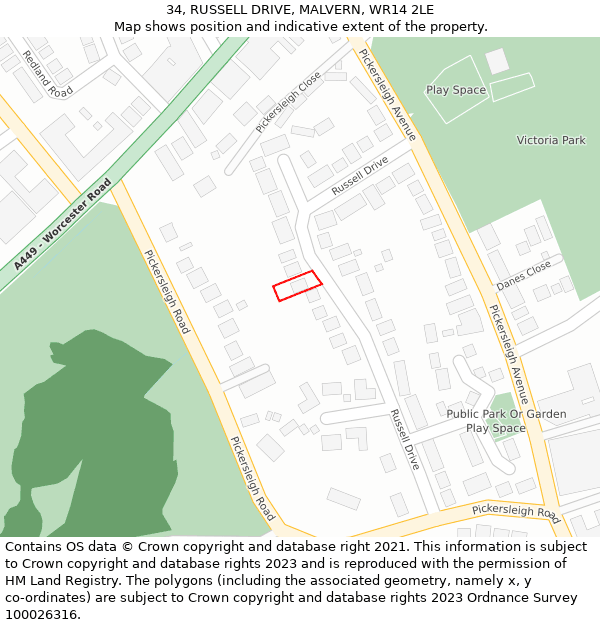 34, RUSSELL DRIVE, MALVERN, WR14 2LE: Location map and indicative extent of plot