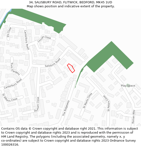 34, SALISBURY ROAD, FLITWICK, BEDFORD, MK45 1UD: Location map and indicative extent of plot