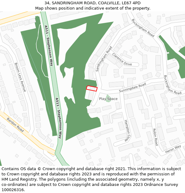 34, SANDRINGHAM ROAD, COALVILLE, LE67 4PD: Location map and indicative extent of plot