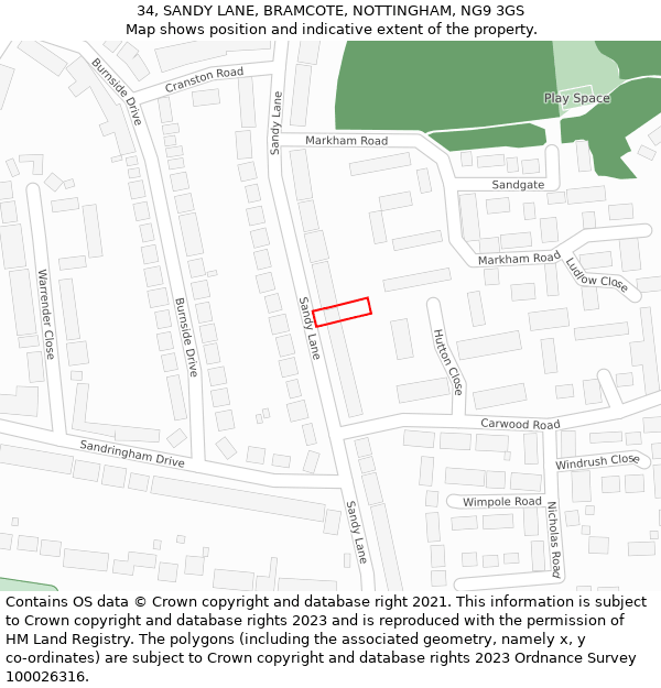 34, SANDY LANE, BRAMCOTE, NOTTINGHAM, NG9 3GS: Location map and indicative extent of plot