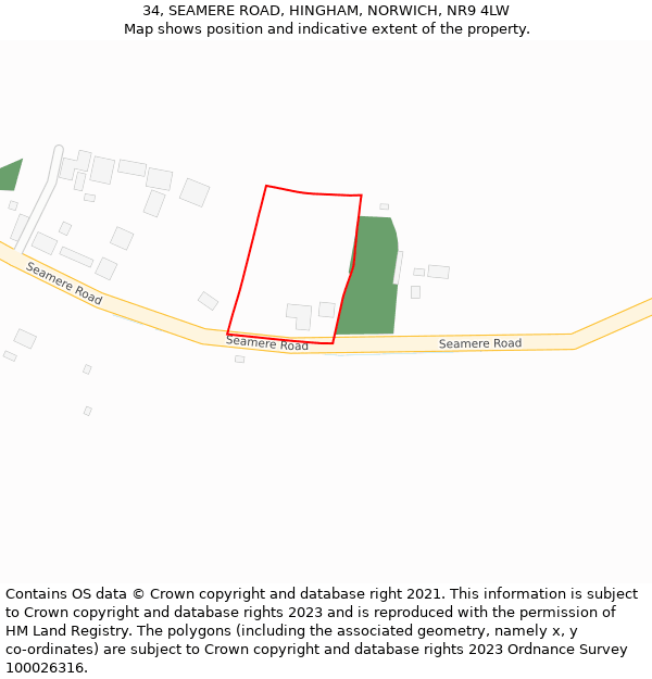 34, SEAMERE ROAD, HINGHAM, NORWICH, NR9 4LW: Location map and indicative extent of plot