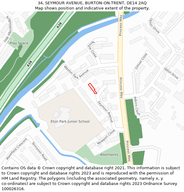 34, SEYMOUR AVENUE, BURTON-ON-TRENT, DE14 2AQ: Location map and indicative extent of plot