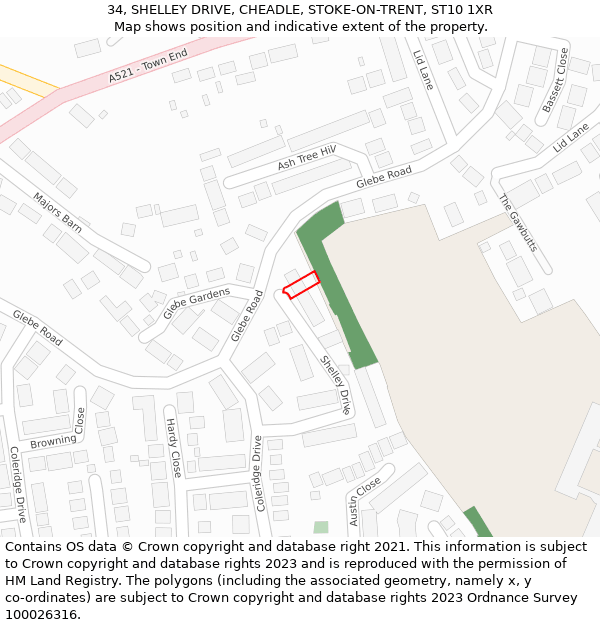 34, SHELLEY DRIVE, CHEADLE, STOKE-ON-TRENT, ST10 1XR: Location map and indicative extent of plot
