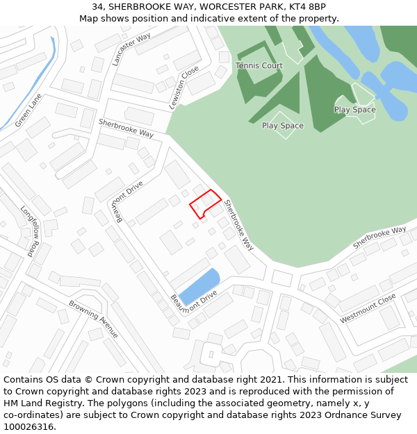 34, SHERBROOKE WAY, WORCESTER PARK, KT4 8BP: Location map and indicative extent of plot