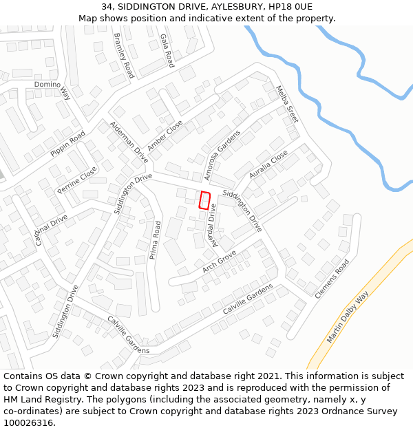 34, SIDDINGTON DRIVE, AYLESBURY, HP18 0UE: Location map and indicative extent of plot