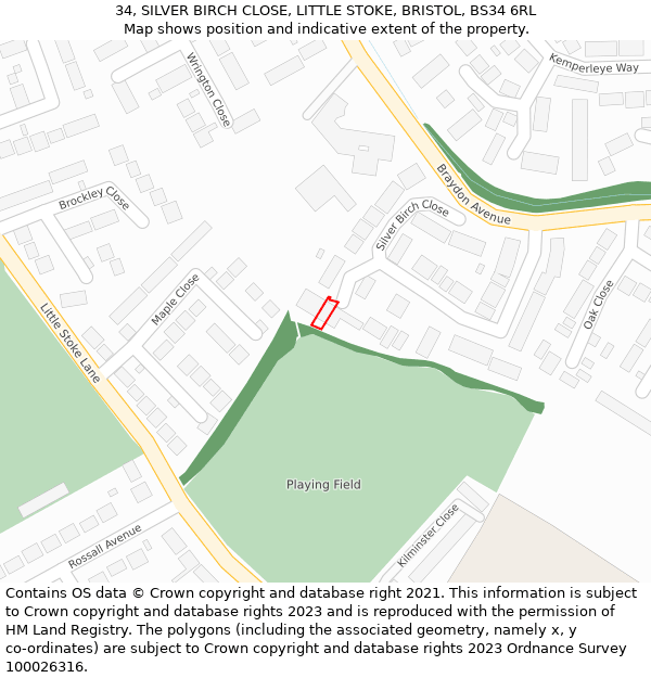 34, SILVER BIRCH CLOSE, LITTLE STOKE, BRISTOL, BS34 6RL: Location map and indicative extent of plot