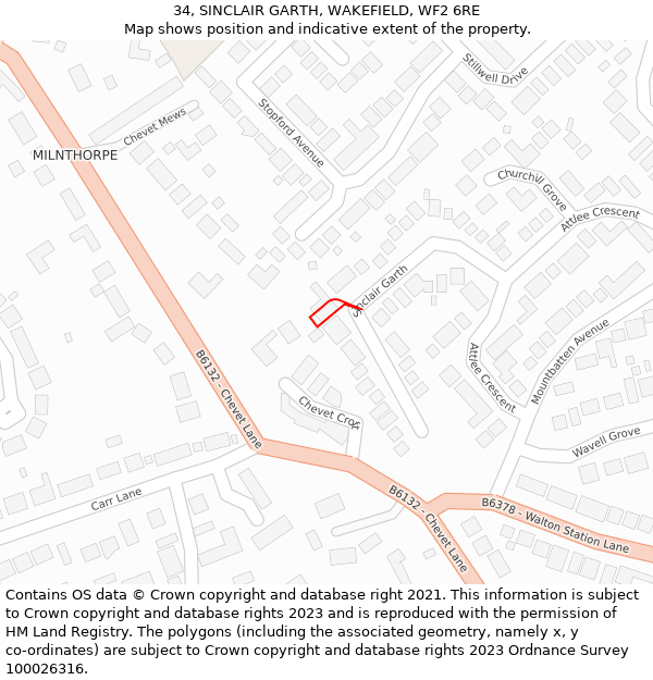 34, SINCLAIR GARTH, WAKEFIELD, WF2 6RE: Location map and indicative extent of plot