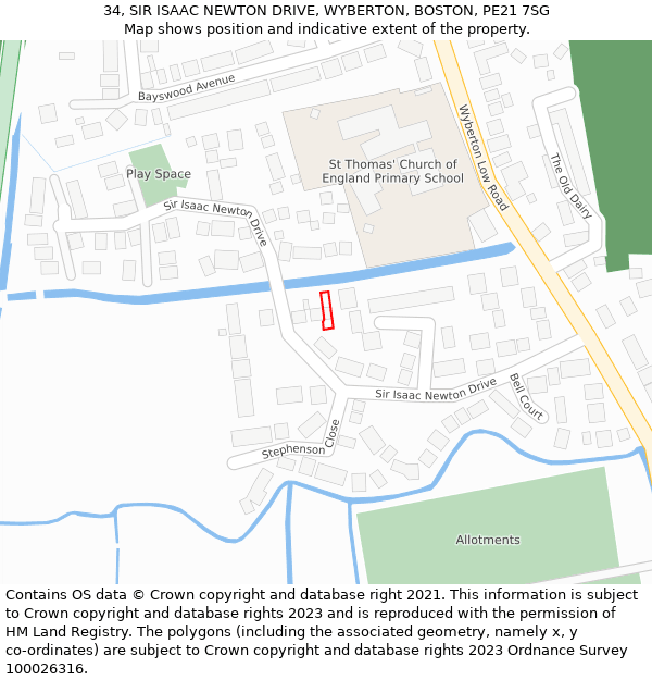 34, SIR ISAAC NEWTON DRIVE, WYBERTON, BOSTON, PE21 7SG: Location map and indicative extent of plot