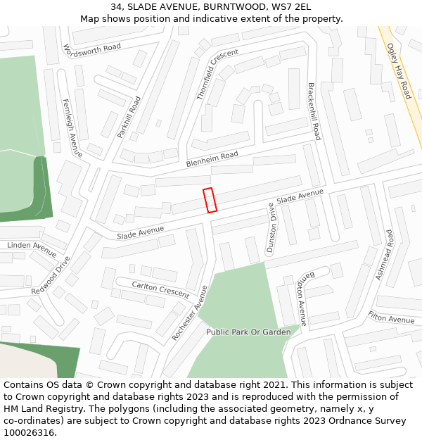 34, SLADE AVENUE, BURNTWOOD, WS7 2EL: Location map and indicative extent of plot