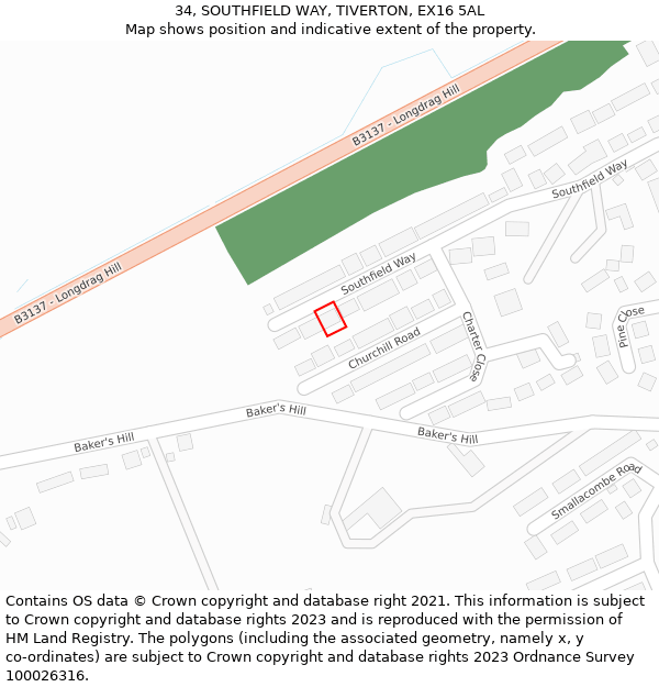 34, SOUTHFIELD WAY, TIVERTON, EX16 5AL: Location map and indicative extent of plot