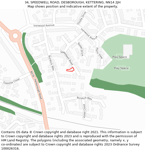 34, SPEEDWELL ROAD, DESBOROUGH, KETTERING, NN14 2JH: Location map and indicative extent of plot
