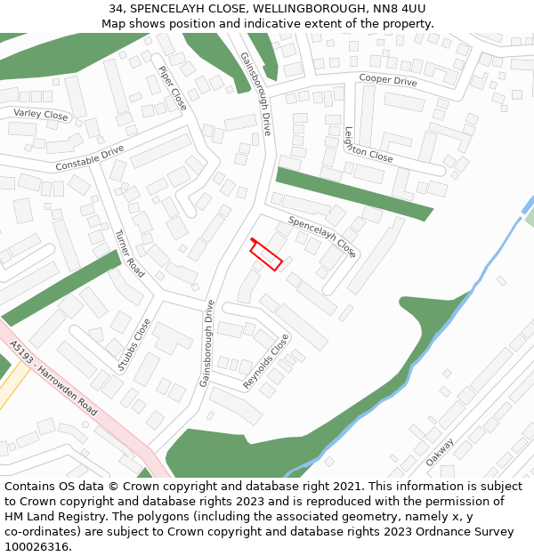 34, SPENCELAYH CLOSE, WELLINGBOROUGH, NN8 4UU: Location map and indicative extent of plot
