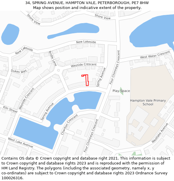 34, SPRING AVENUE, HAMPTON VALE, PETERBOROUGH, PE7 8HW: Location map and indicative extent of plot