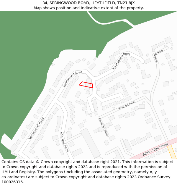 34, SPRINGWOOD ROAD, HEATHFIELD, TN21 8JX: Location map and indicative extent of plot