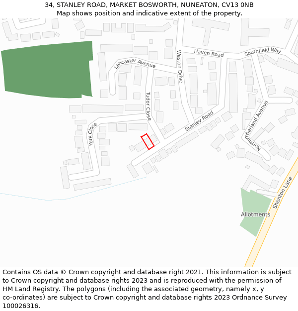 34, STANLEY ROAD, MARKET BOSWORTH, NUNEATON, CV13 0NB: Location map and indicative extent of plot