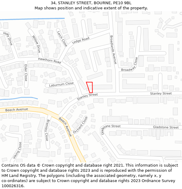 34, STANLEY STREET, BOURNE, PE10 9BL: Location map and indicative extent of plot