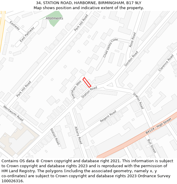34, STATION ROAD, HARBORNE, BIRMINGHAM, B17 9LY: Location map and indicative extent of plot