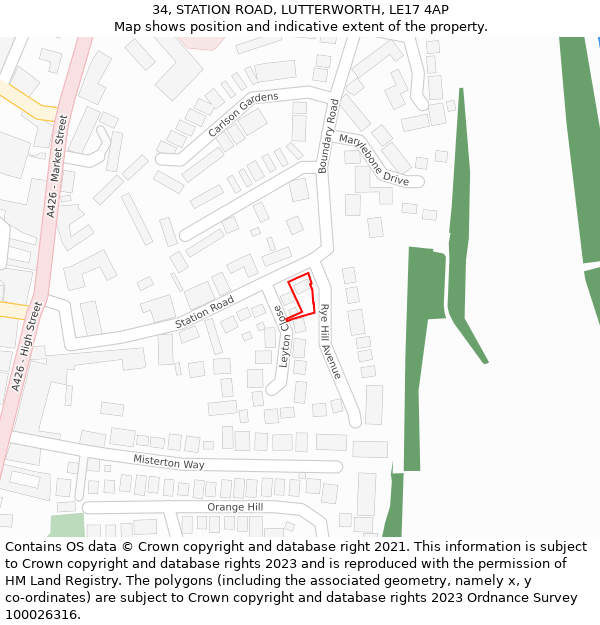 34, STATION ROAD, LUTTERWORTH, LE17 4AP: Location map and indicative extent of plot