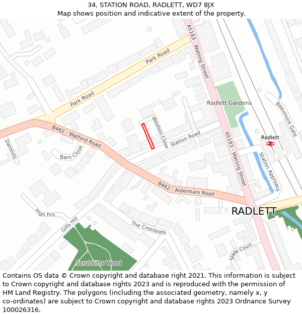 34, STATION ROAD, RADLETT, WD7 8JX: Location map and indicative extent of plot