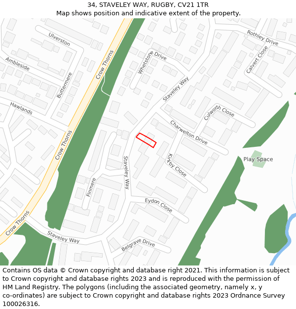 34, STAVELEY WAY, RUGBY, CV21 1TR: Location map and indicative extent of plot