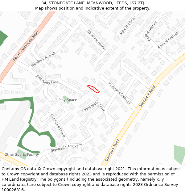 34, STONEGATE LANE, MEANWOOD, LEEDS, LS7 2TJ: Location map and indicative extent of plot
