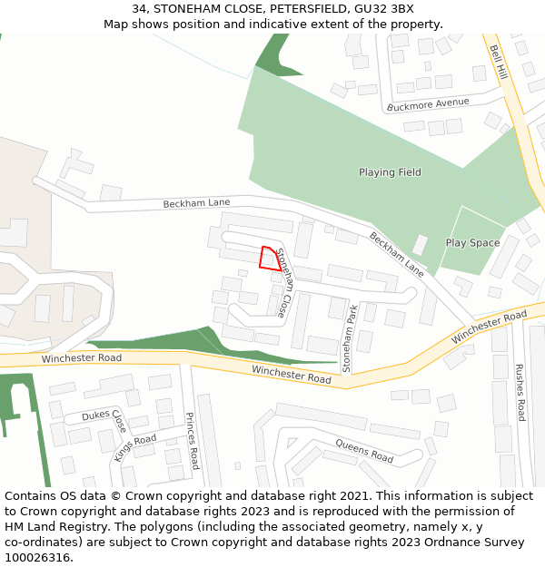 34, STONEHAM CLOSE, PETERSFIELD, GU32 3BX: Location map and indicative extent of plot