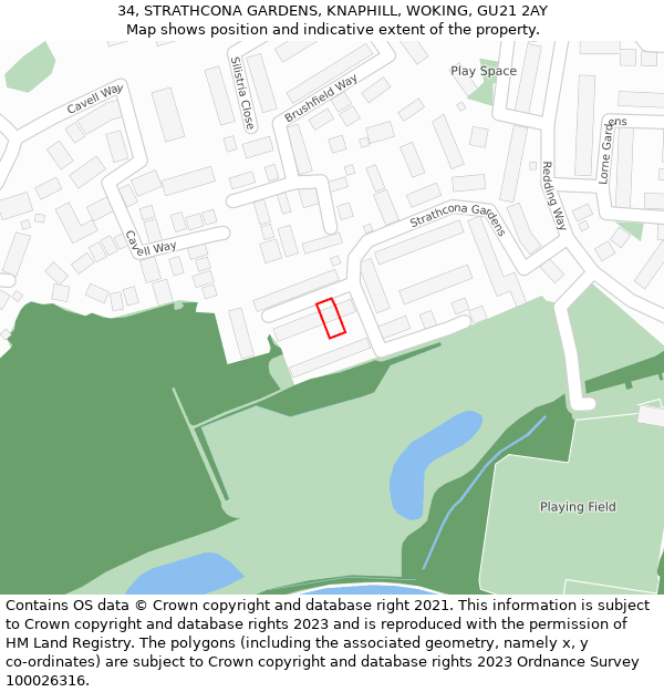 34, STRATHCONA GARDENS, KNAPHILL, WOKING, GU21 2AY: Location map and indicative extent of plot