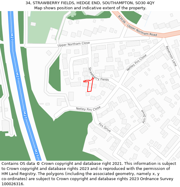 34, STRAWBERRY FIELDS, HEDGE END, SOUTHAMPTON, SO30 4QY: Location map and indicative extent of plot