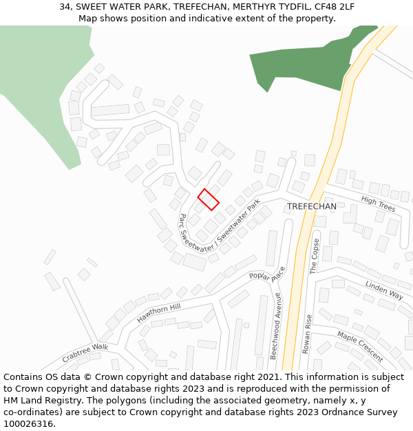 34, SWEET WATER PARK, TREFECHAN, MERTHYR TYDFIL, CF48 2LF: Location map and indicative extent of plot