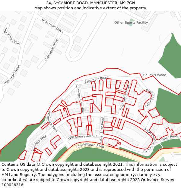 34, SYCAMORE ROAD, MANCHESTER, M9 7GN: Location map and indicative extent of plot