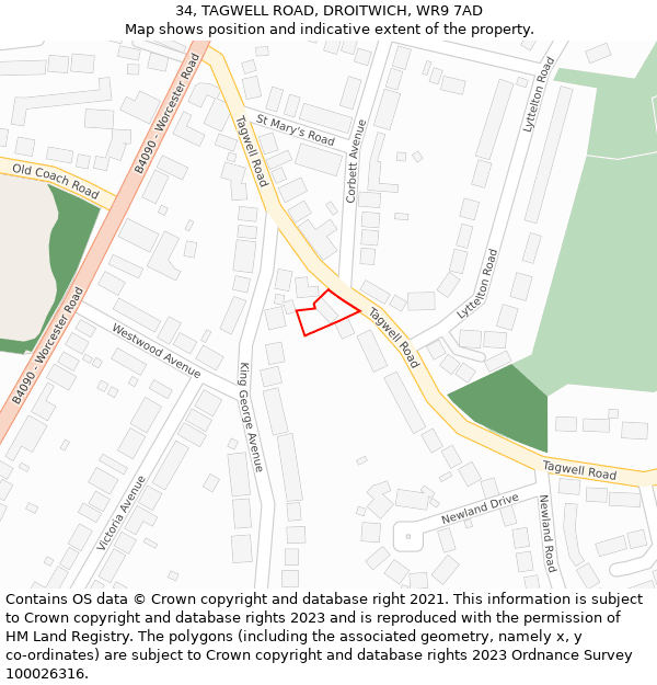 34, TAGWELL ROAD, DROITWICH, WR9 7AD: Location map and indicative extent of plot